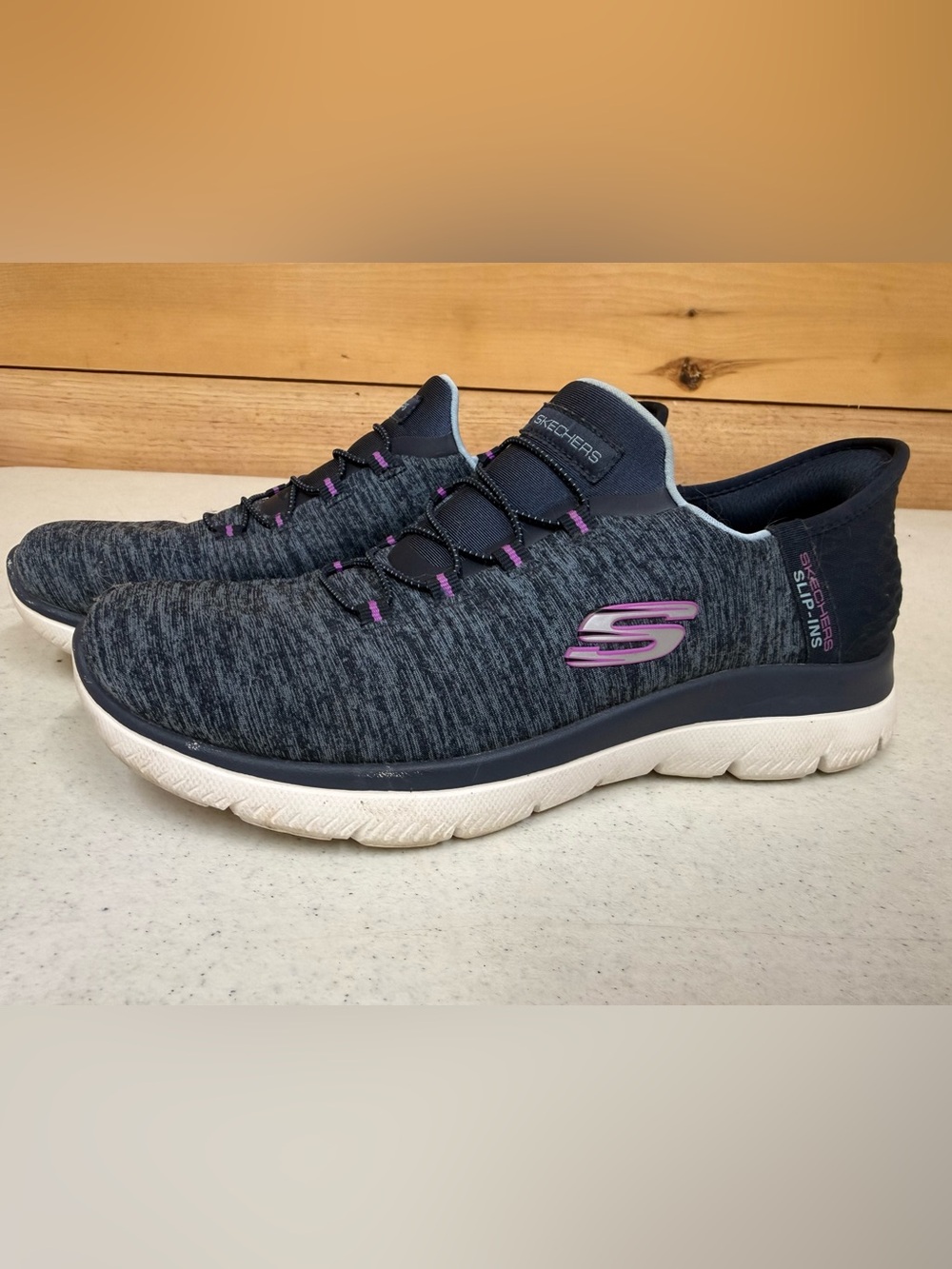 Skechers Slip-On Knit Sneaker in Dark Gray with Purple Accents